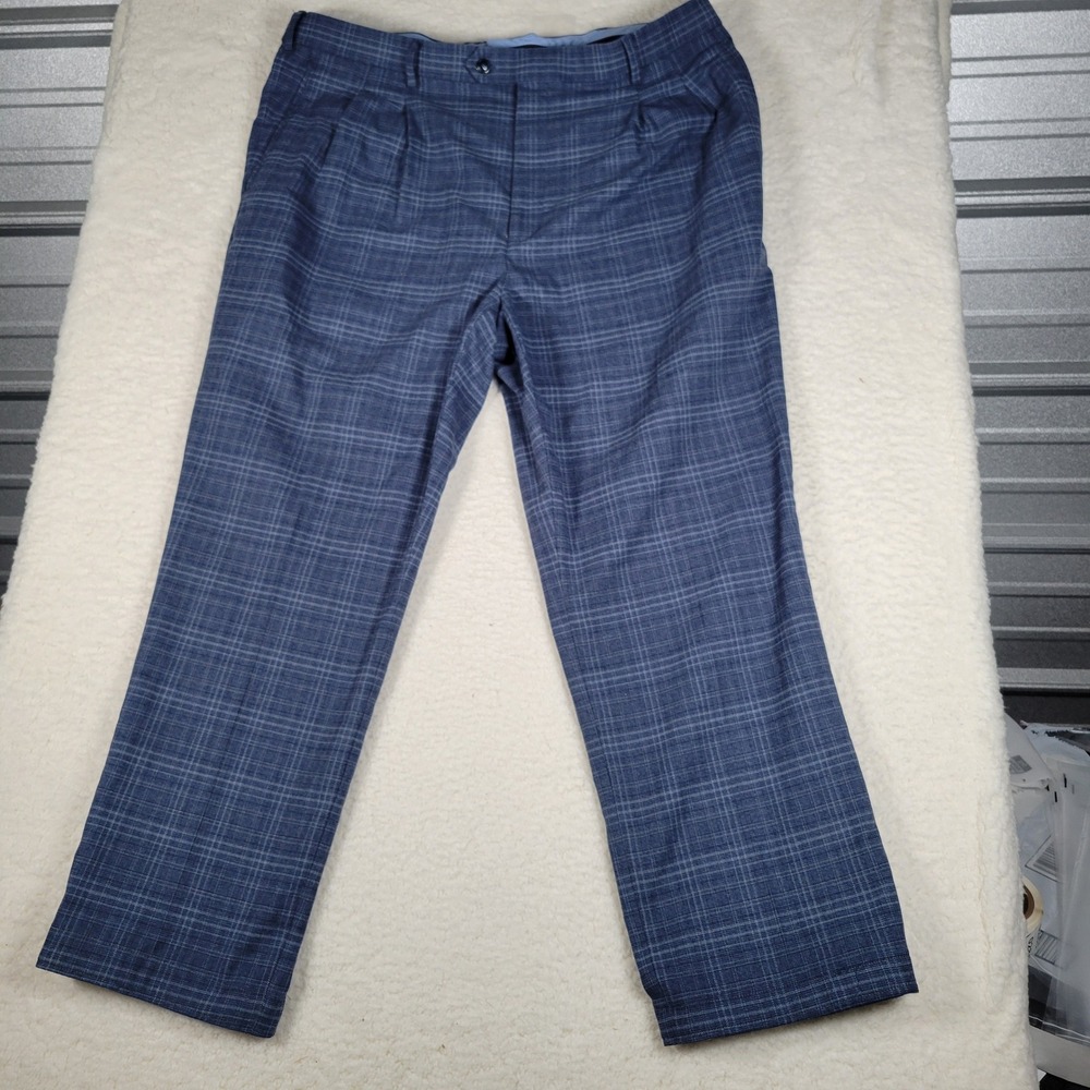 Roundtree & Yorke TravelSmart Pants Mens 40x29 Blue Plaid Pleated Dress Trousers